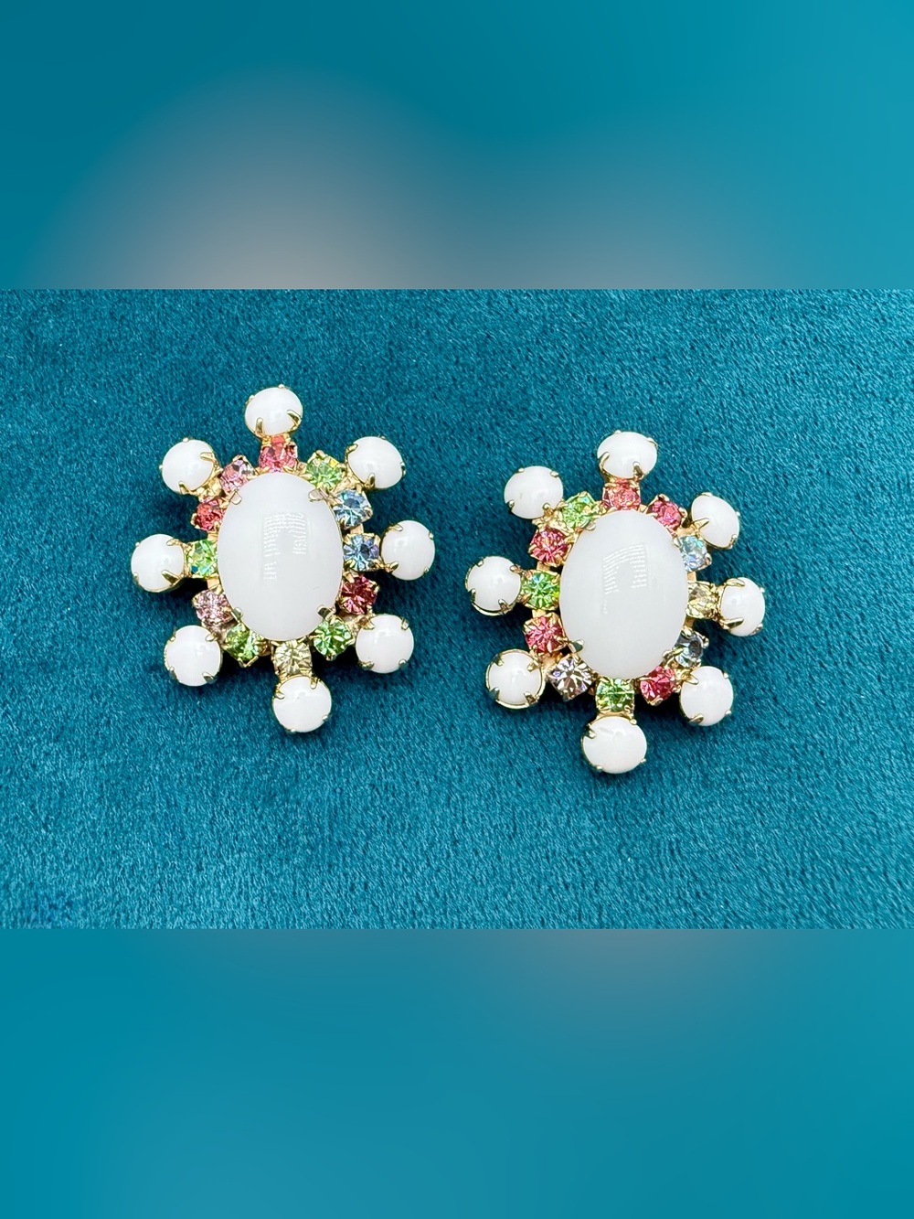 Vintage Milk Glass Rhinestone Clip Earrings